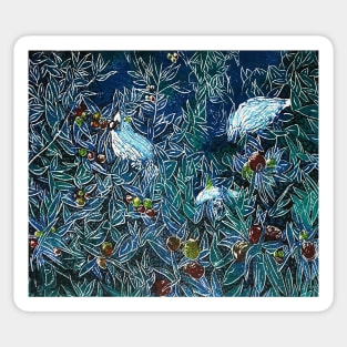 &quot;Feast&quot; - a multi-colour reduction linocut of white cockatoos by Geoff Hargraves Sticker